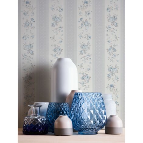 Papier peint intissé romantique avec des roses en gris bleu au style shabby chic