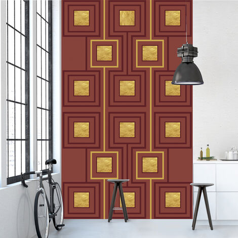 Papier peint intissé sable, design graphisme doré sur fond rouge, 250 cm X 150 cm, photo murale.