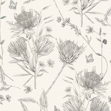 Papier peint intissé sur fond blanc cassé Tapisserie à fleurs noires avec papillons Papier peint nature cottage idéal pour chambre