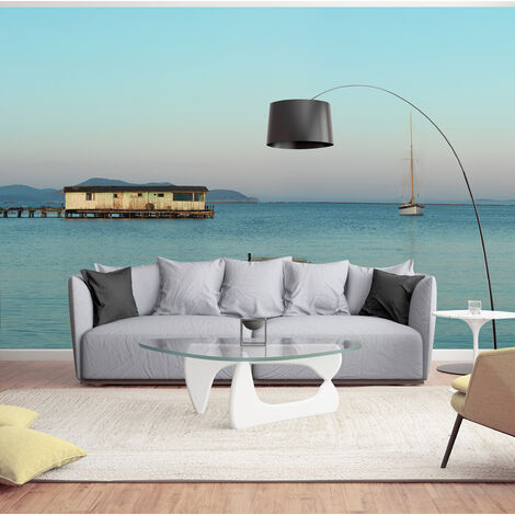 Papier peint intissé Tamaris, 270x250cm, décor bord de mer, ponton bois & voilier, magnifique vue panoramique, sublime décoration murale.