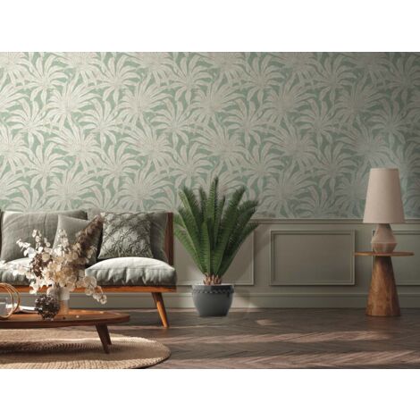 Papier peint intissé tendance vert et blanc Tapisserie florale style tropical pour couloir Papier peint feuillage idéal pour salon et chambre