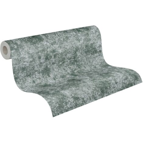 Papier peint intissé vert et argent Tapisserie aspect plâtre patiné Papier peint contemporain effet métallique idéal pour couloir