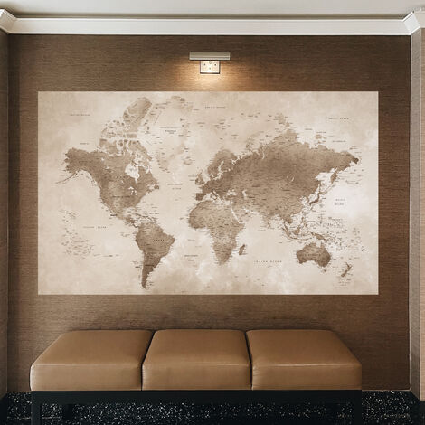 Papier peint intissé vintage mappemonde marron rustique 250 cm x 150 cm – Décoration murale pour chambre et salon – Fabrication française – Plage