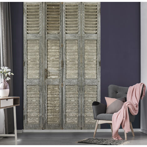 Papier peint intissé vintage, persienne en bois gris, style ancien, 250 cm X 150 cm - Gris / argent