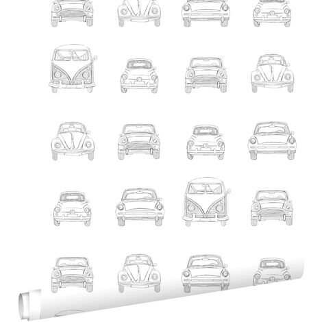 Papier peint intissé voitures anciennes noir et blanc – Dimensions 53cm x 10,05m – Impression écologique – Pose facile sans table à tapisser – Estahome