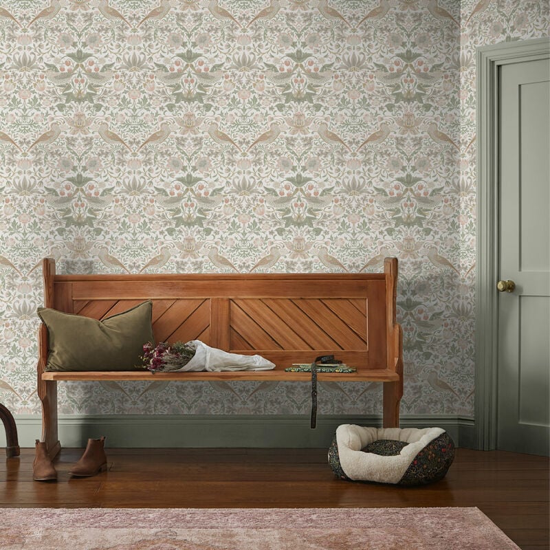 Papier peint intissé William Morris Strawberry Thief Sage & Pink 1005 x 52cm Multicolore
