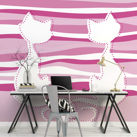 Papier peint intissé XXL pour chambre enfant, chat amoureux, 270 cm X 250 cm, déco stylisée.