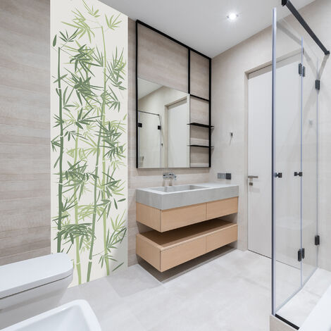 Papier peint intissé zen panoramique – Motif tiges de bambou vert – Dimensions 250 cm x 75 cm – Spécial pièces humides – Plage