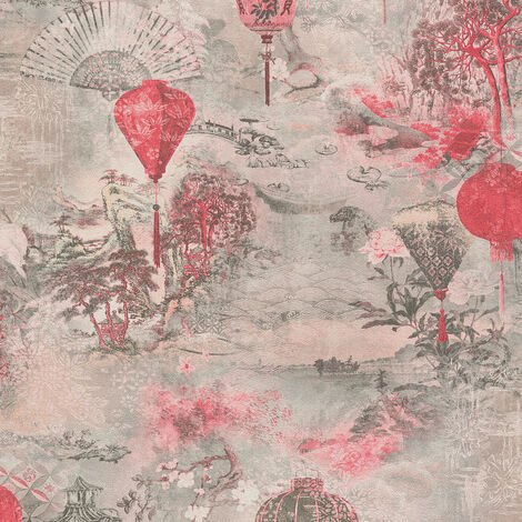 Papier peint japonais intissé pour chambre | Papier peint original rouge & gris | Tapisserie paysage japon & lanterne pour salon - 10,05 x 0,53 m