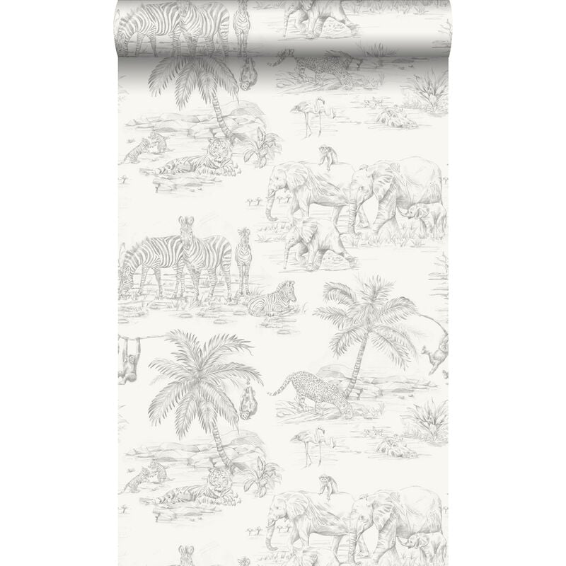 Papier peint animaux de la jungle blanc brillant et gris argent Origin Wallcoverings