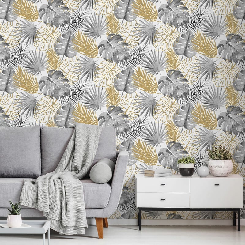 Papier peint jungle monstera dorée 53x1000cm