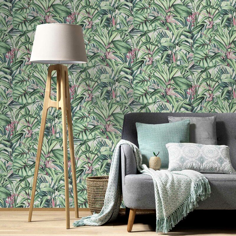 Papier peint jungle vert & rose tendance chambre | Tapisserie salon exotique verte | Papier peint fleuri et tropical pour couloir