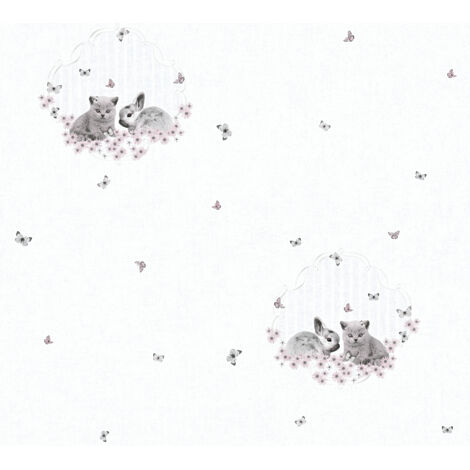 Papier Peint "Lapin et Chaton" Gris Perle 10mx 0.53 m