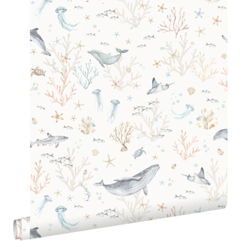 papier peint le monde sous-marin beige et bleu gris  - ESTAhome