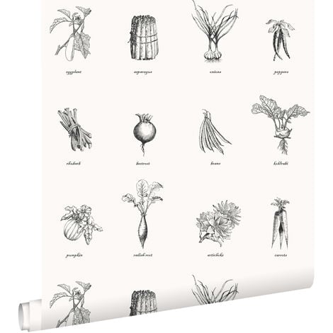 papier peint légumes noir et blanc  - ESTAhome