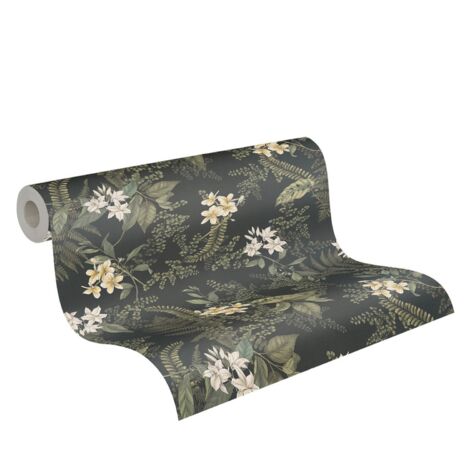 papier peint les plantes noir, vert foncé, blanc et jaune  - Livingwalls