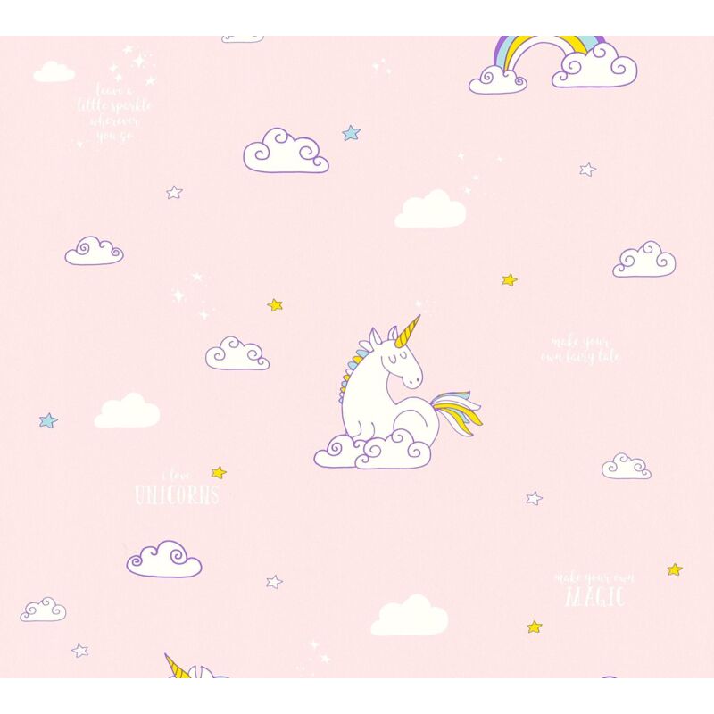 Papier peint fille rose moderne | Tapisserie nuage & licorne papier | Papier peint arc-en-ciel idéal pour chambre d'enfant - 10,05 x 0,53 m