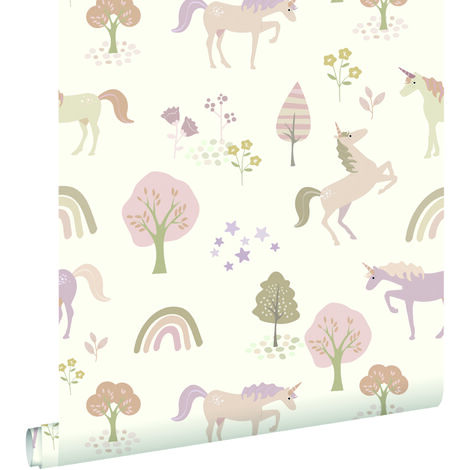 papier peint licornes beige et rose clair  - ESTAhome