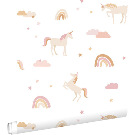 papier peint licornes blanc, rose clair et jaune ocre  - ESTAhome