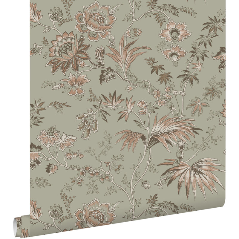 Papier peint fleurs vintage vert menthe grisé et rose clair Estahome