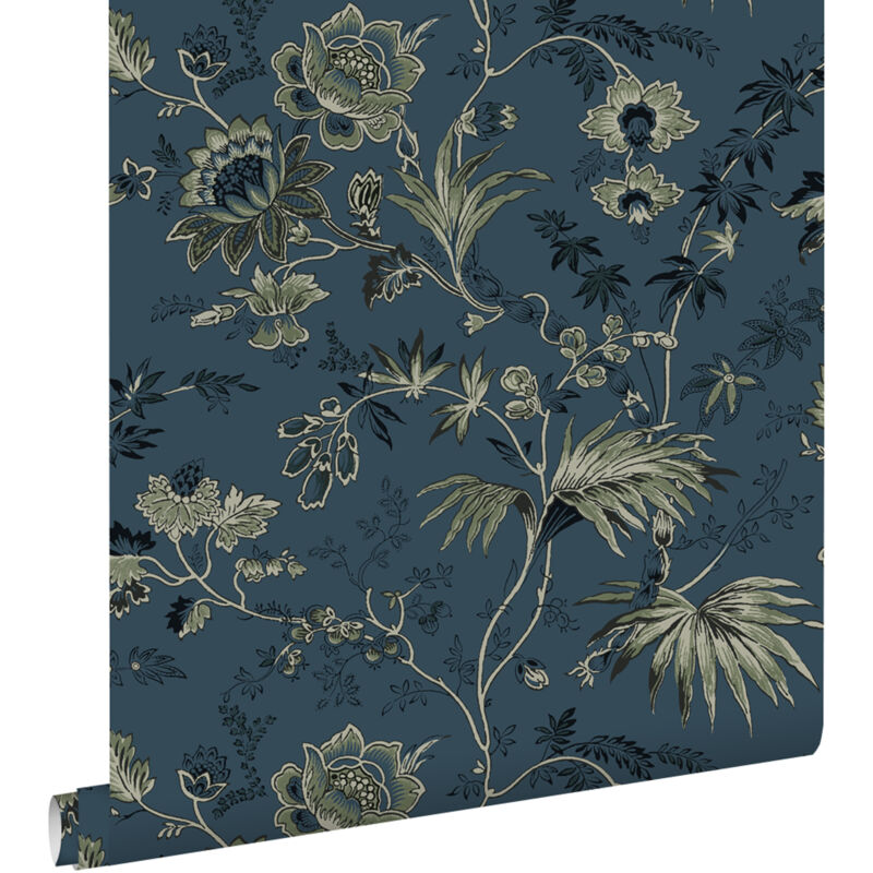 Papier peint fleurs vintage bleu foncé et vert olive grisé Estahome