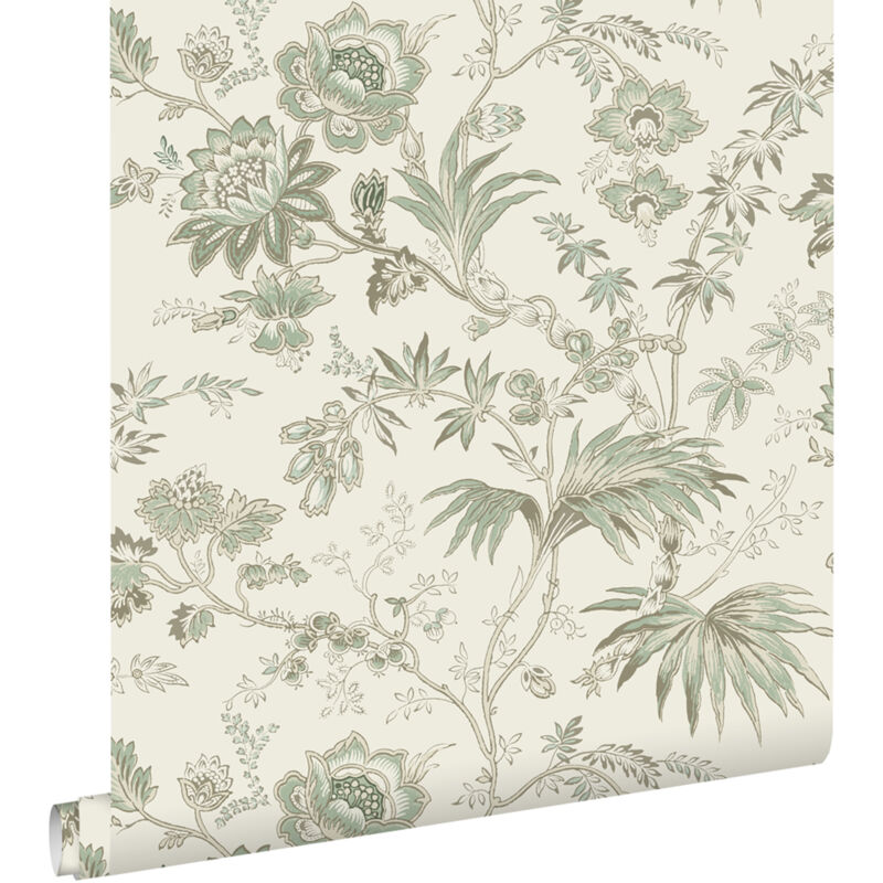 Papier peint fleurs vintage beige crème et vert grisé Estahome