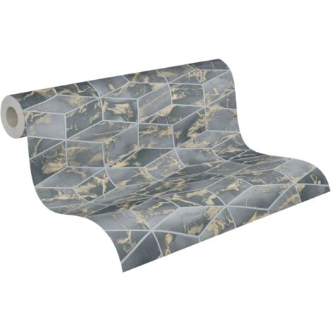 Papier peint losanges non-tissé bleu gris or Papier peint mosaïque moderne effet marbre élégant Papier peint géométrique