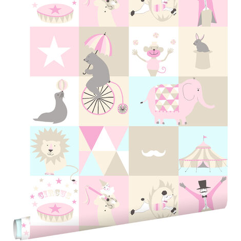 papier peint l'univers du cirque rose clair, bleu clair et beige  - ESTAhome