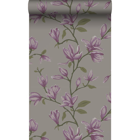 papier peint magnolia taupe et violet aubergine  - Origin Wallcoverings