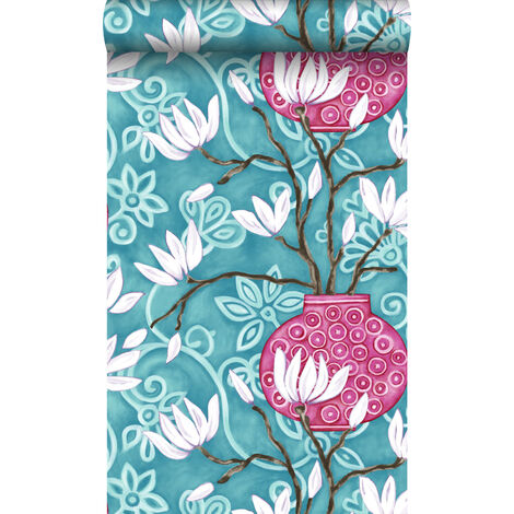 papier peint magnolia turquoise et rose  - Origin Wallcoverings