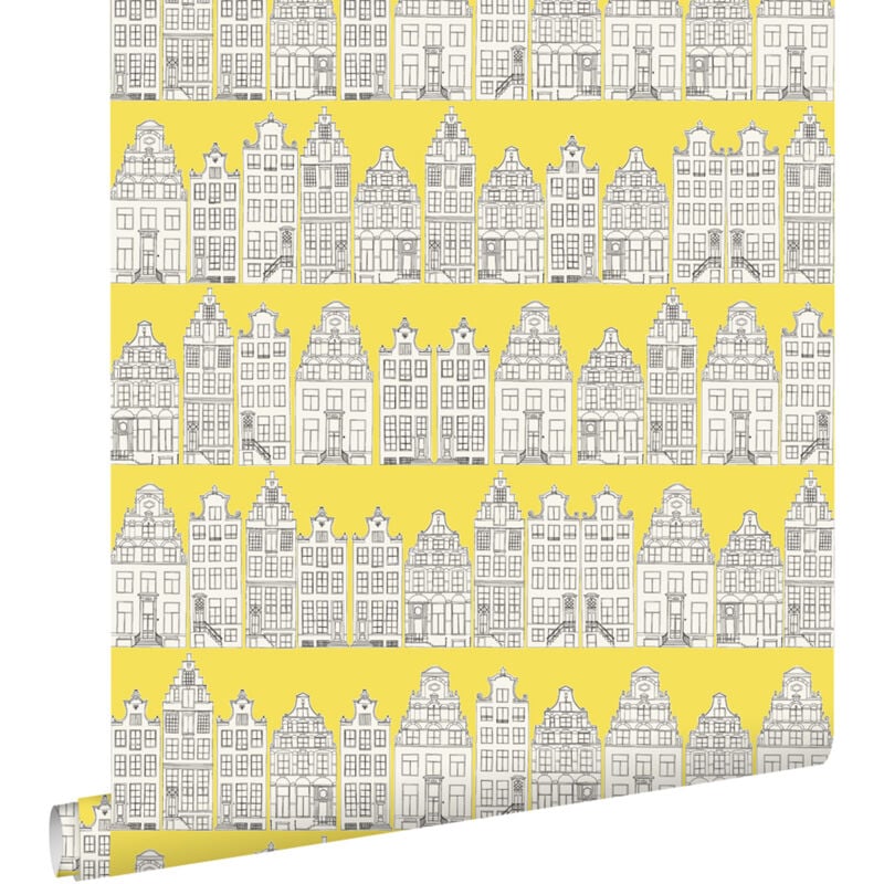 Papier peint maisons bordant les canaux d'Amsterdam jaune Estahome