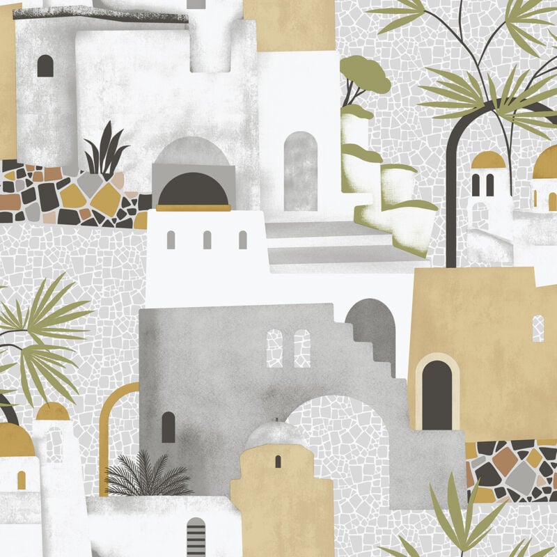 Papier peint maisons méditerranéennes jaune ocre, gris et blanc Sanders&sanders
