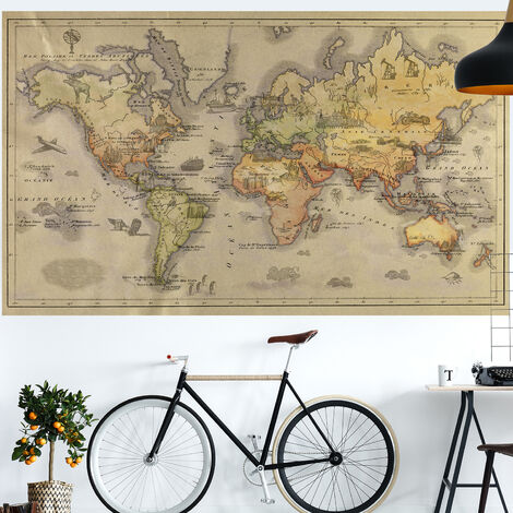 Papier peint mappemonde vintage, 250 cm X 150 cm, effet panoramique ancienne carte du monde, marron vieilli.