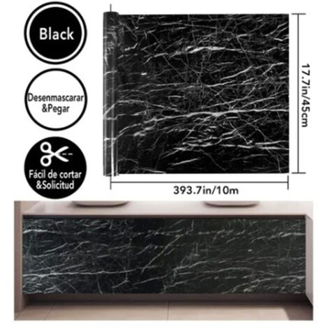 Papier peint marbre auto-adhésif PVC 45cm x 10m waterproof, lavable résistant haute température pour cuisine bureau salon noir