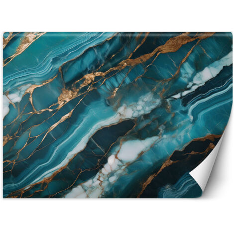 Papier peint Marbre turquoise avec texture dorée 350x245