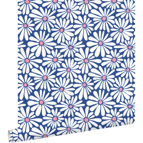 papier peint marguerites bleu et rose  - ESTAhome