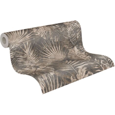Papier peint marron avec feuilles de monstera et de palmier Papier peint intissé tropical à motif feuilles idéal pour le salon