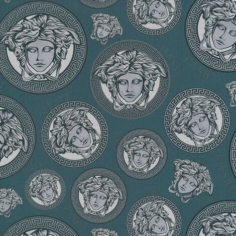 Papier peint Medusa bleu pétrole et argent Tapisserie luxe graphique à cercles Papier peint design idéal pour couloir