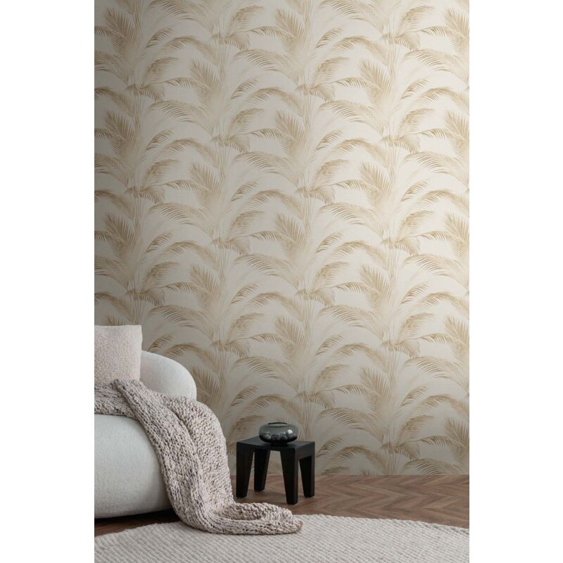 Papier peint plante beige et blanc, salon, chambre, wc, 399801