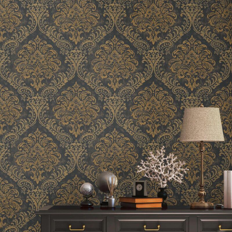 Papier peint baroque noir et or Papier peint damassé moderne Papier peint intissé Idéal pour chambre