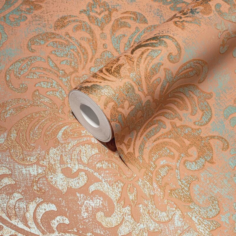 Papier peint baroque or orange Papier peint intissé élégant avec ornement de style vintage