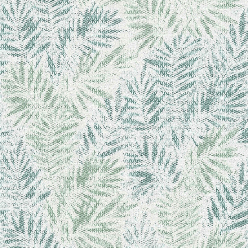 Papier peint feuillage vert sur fond blanc effet métallique Tapisserie texturée aspect textile Papier peint nature style tropical idéal salon