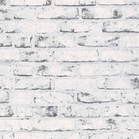 AS CREATION Papier peint moderne blanc & gris imitation pierre Tapisserie effet fausse brique pour cuisine Papier peint intissé gris trompe l’oeil