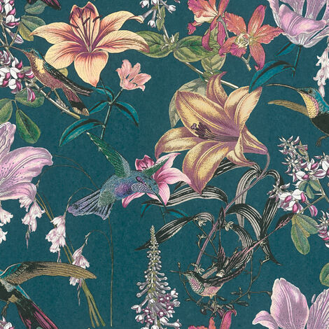 A.S. CREATIONS Papier peint moderne bleu motif colibri Tapisserie à motif fleurs & oiseaux multicolore Papier peint tropical à motif fleurs de lys pour salon