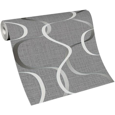 Papier peint moderne gris & blanc intissé Tapisserie à motif ondulations pour salon Papier peint tendance gris à motif ondulé