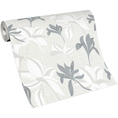 Papier peint moderne motif fleurs pour salle de bain  Tapisserie fleuri grise & blanche intissé  Papier peint à motif floral tendance