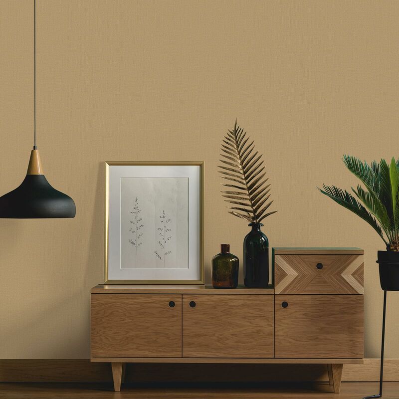 Papier peint moderne uni doré idéal chambre | Tapisserie tendance marron pour déco scandinave | Papier peint unicolore intissé