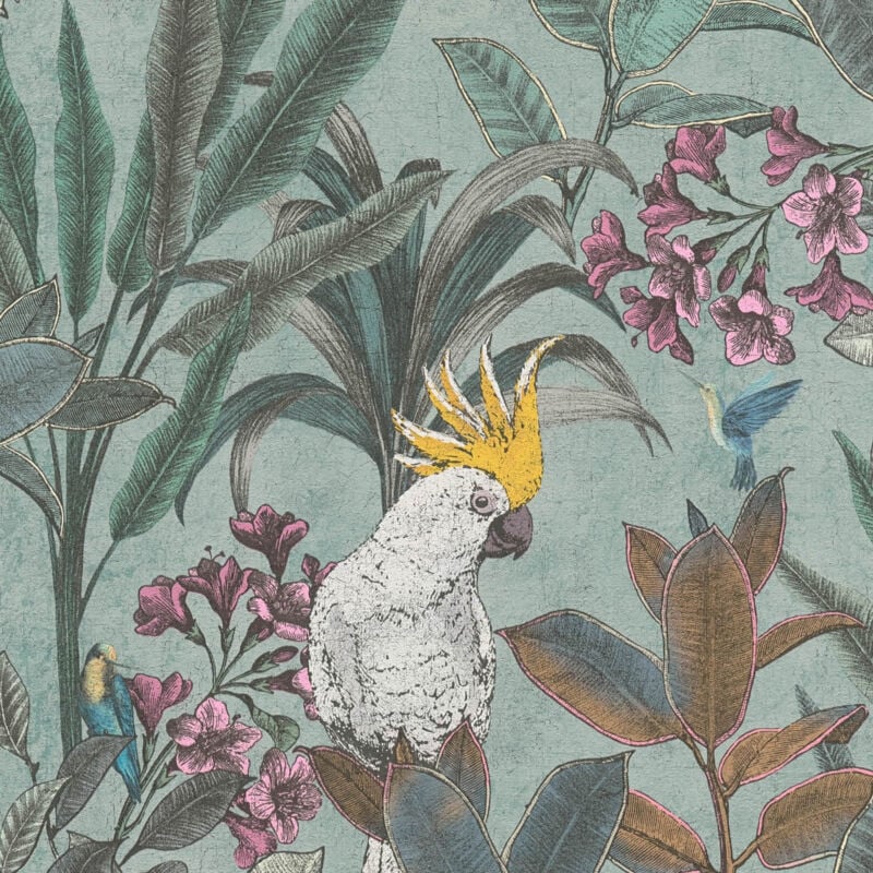 Papier peint moitf d'oiseaux Profhome 397482 papier peint intissé gaufré à chaud légèrement texturé au design de jungle mat vert bleu rose vif jaune