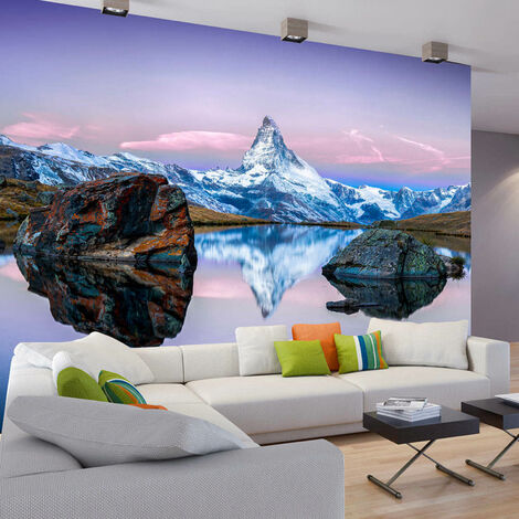 Papier peint montagne solitaire - 100 x 70 cm - Violet, blanc, marron