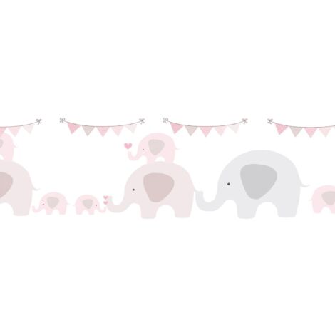 Papier peint motif animal Profhome 403749 bordure auto-adhésive légèrement texturé avec des éléphants mat rose gris blanc 0,75 m2